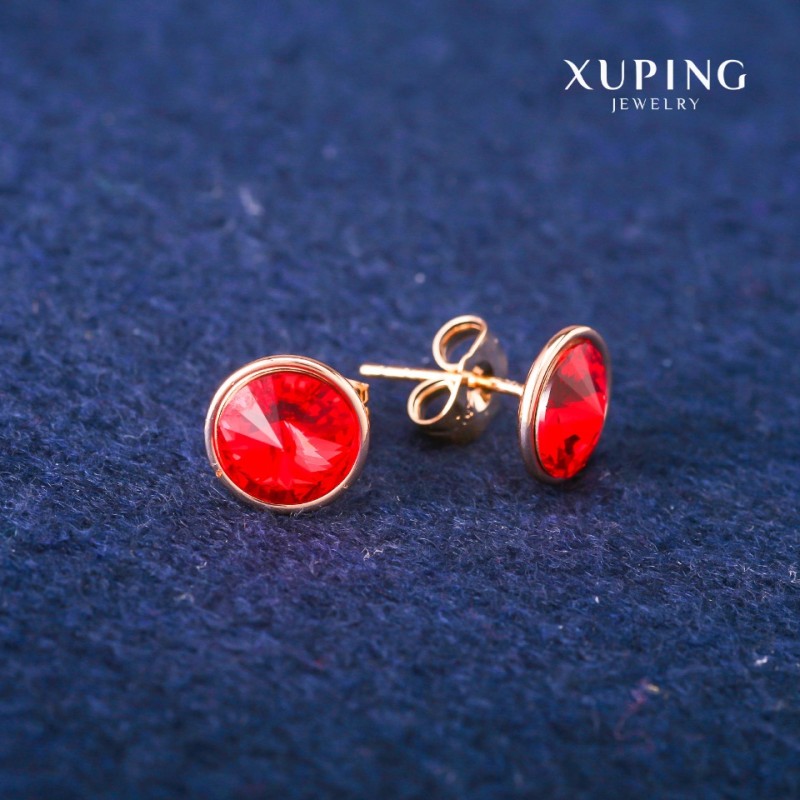 Xuping Stud Earrings with Red Swarovski Crystals, 10mm Diameter, 18K Gold Plated