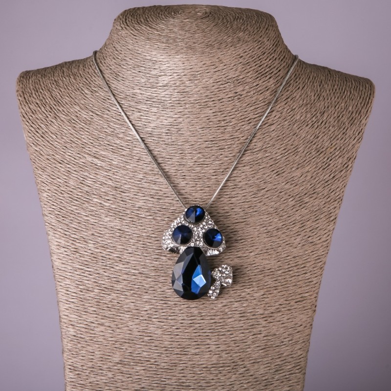 Mushroom Pendant on Chain with Blue and White Crystals, Diameter 39x50mm, Length 75cm