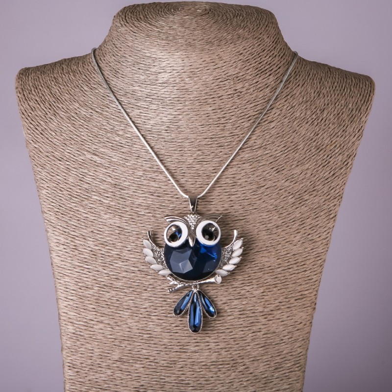 Owl Pendant on Chain with Blue Crystal, Diameter 53x63mm, Length 75cm