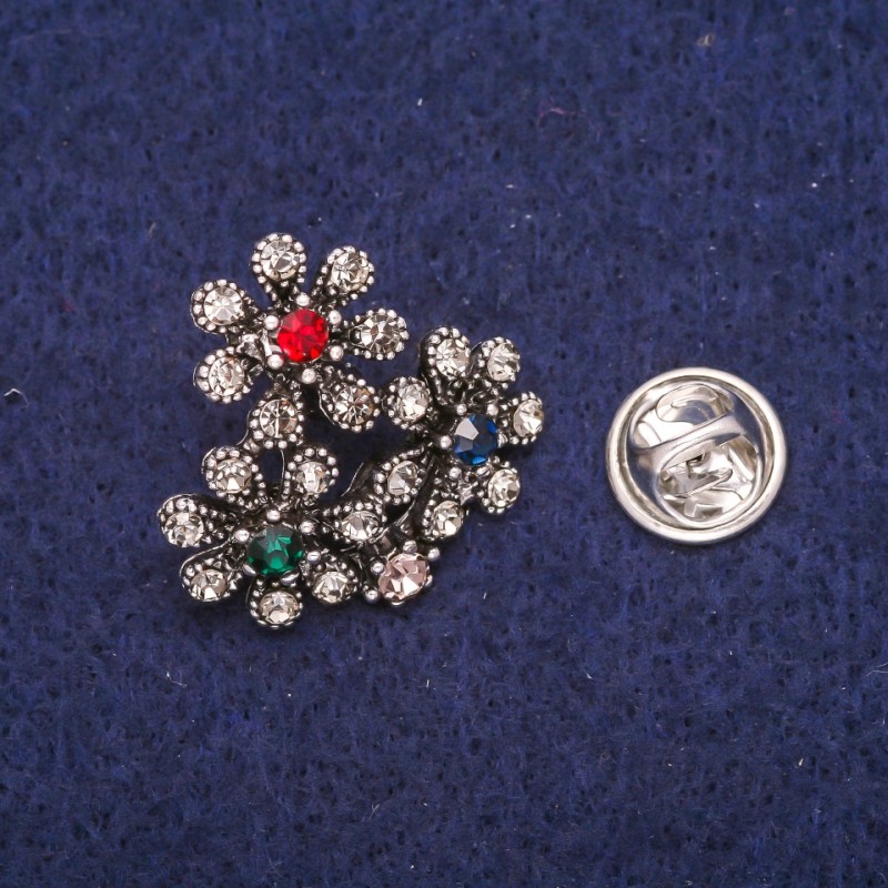 Sale! Flowers Brooch with Gray, Red, Green and Blue Rhinestones, Silver-Tone Metal 24x25mm