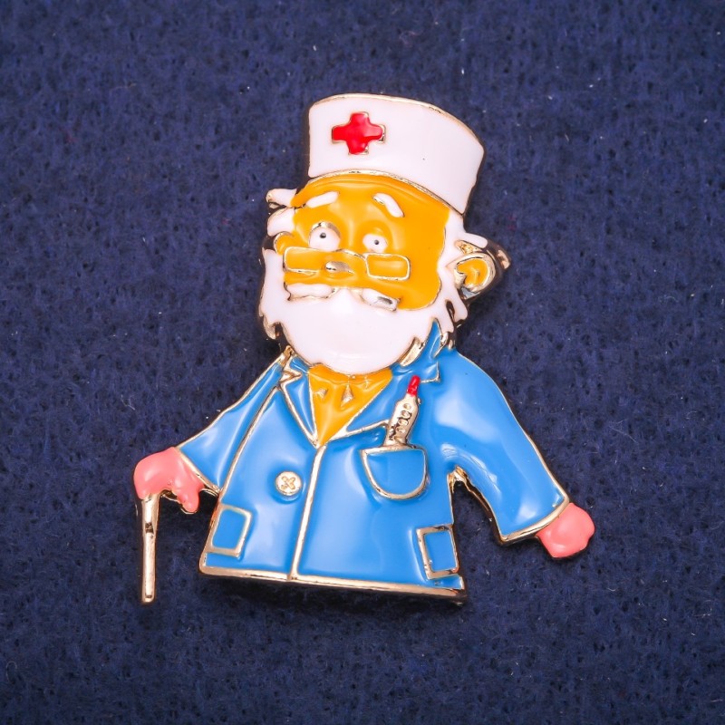 Doctor Brooch, White and Blue Enamel, 47x42mm, Gold-Tone Metal