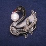 Black Swan Brooch with Enamel, Rhinestones and Bead, Silver-Tone Metal 43x44mm