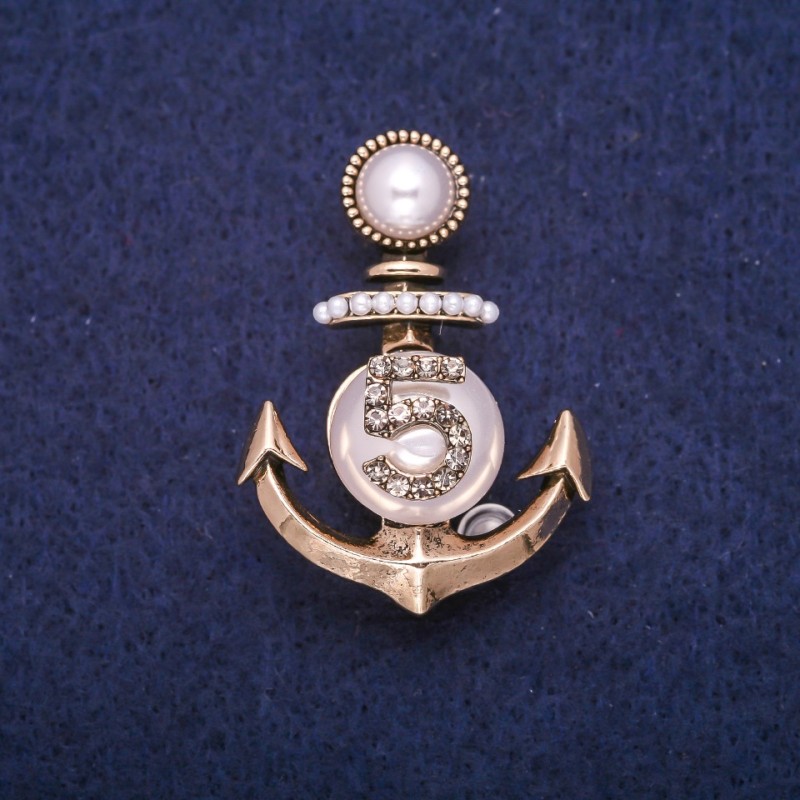 Clearance Anchor Brooch with Beads and Rhinestones, Gold-Tone Metal 28x39mm