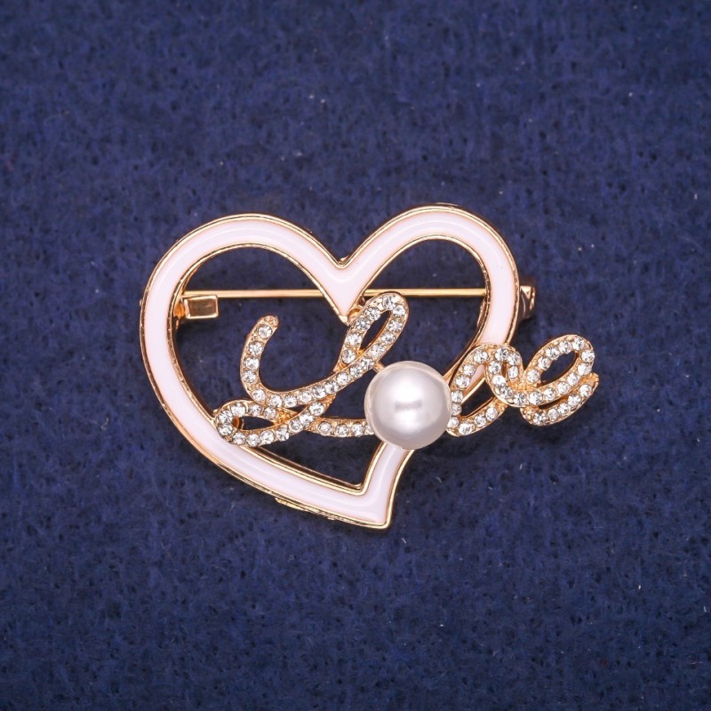 Sale! Heart Brooch with White Enamel, Rhinestones and Bead, Gold-Tone Metal 30x41mm