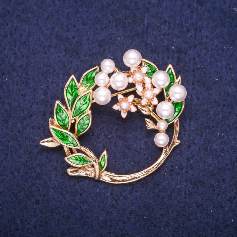 Sale! Wreath Brooch with Pearl Beads, White and Green Enamel, 41x35mm, Gold-Tone Metal