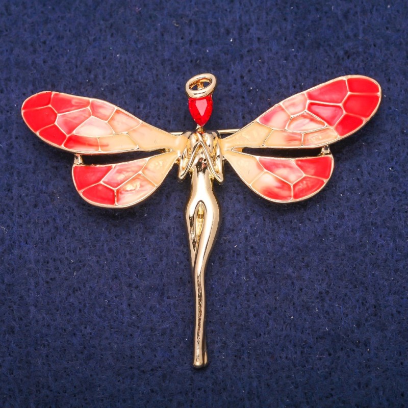 Fairy Brooch with Red Crystal and Enamel, Gold-Tone Metal 50x60mm