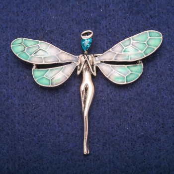Fairy Brooch with Blue Crystal and Enamel, Gold-Tone Metal 50x60mm
