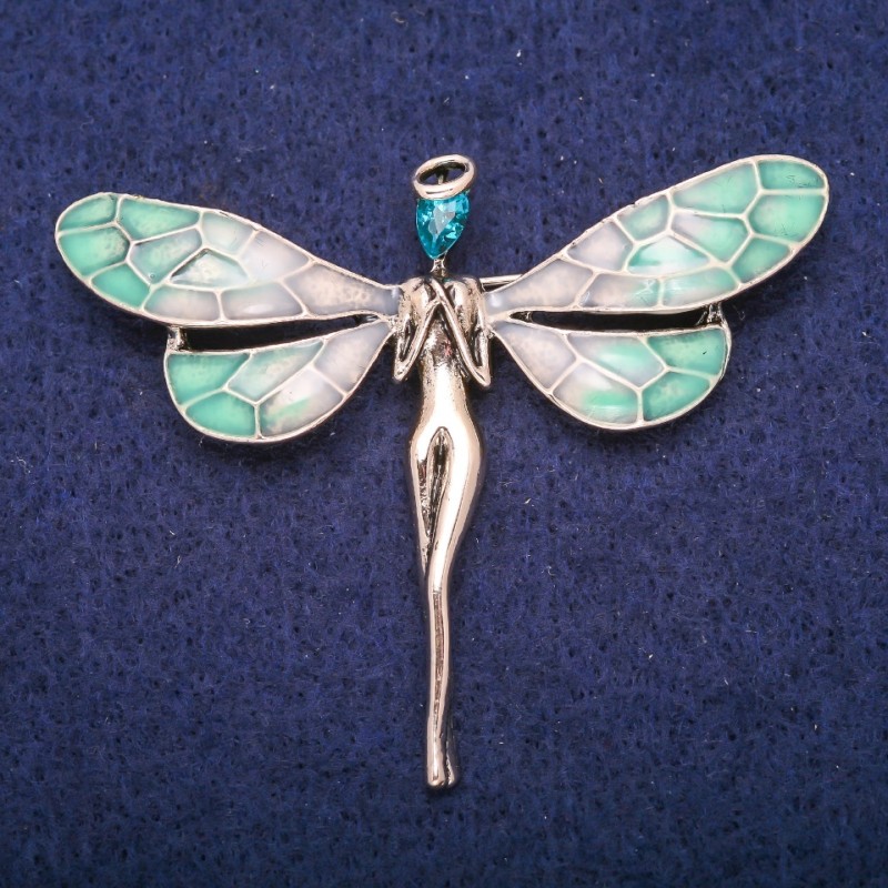 Fairy Brooch with Blue Crystal and Enamel, Gold-Tone Metal 50x60mm