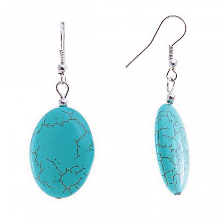 Drop Earrings with Oval Smooth Turquoise Cabochons with Veins, 25x35mm