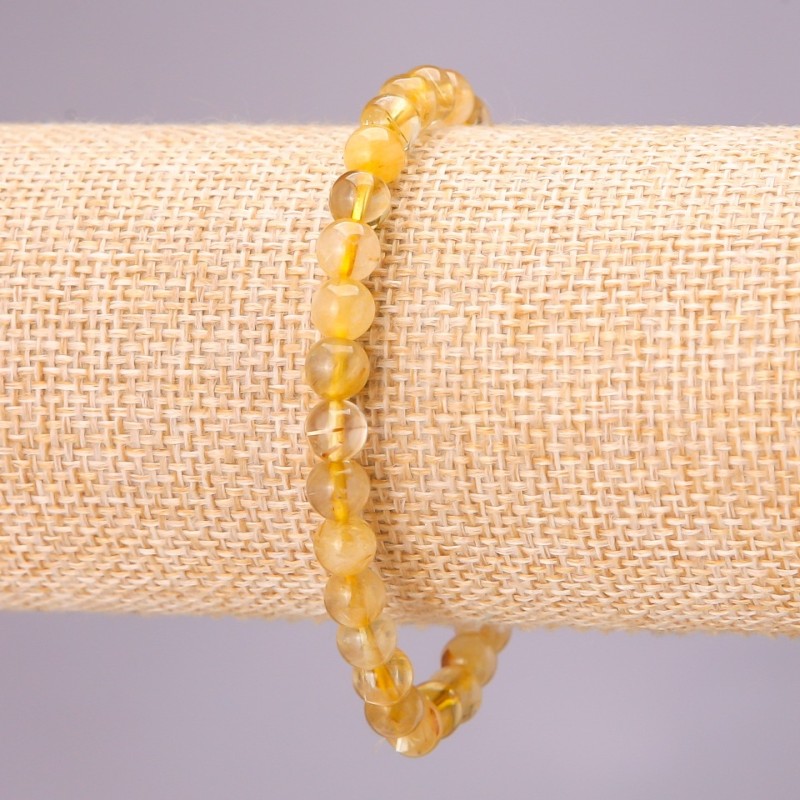 Natural Rutilated Quartz Bracelet on Elastic Cord, Smooth Round Beads, Diameter 6(+-)mm, Length 18cm