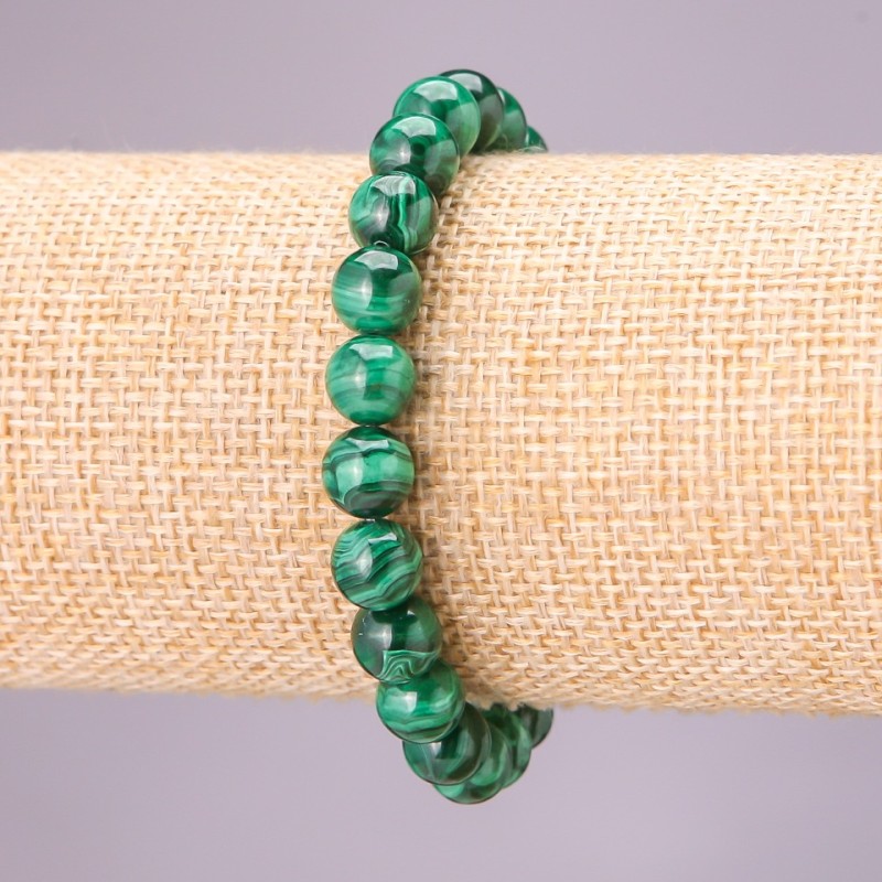 Natural Malachite Stone Bracelet on Elastic Cord, Smooth Round Beads, Diameter 8(+-)mm, Length 18cm