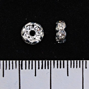 Findings Rondelle Spacer with White Rhinestones, Metal Color Silver, 7mm, 100pcs/pack