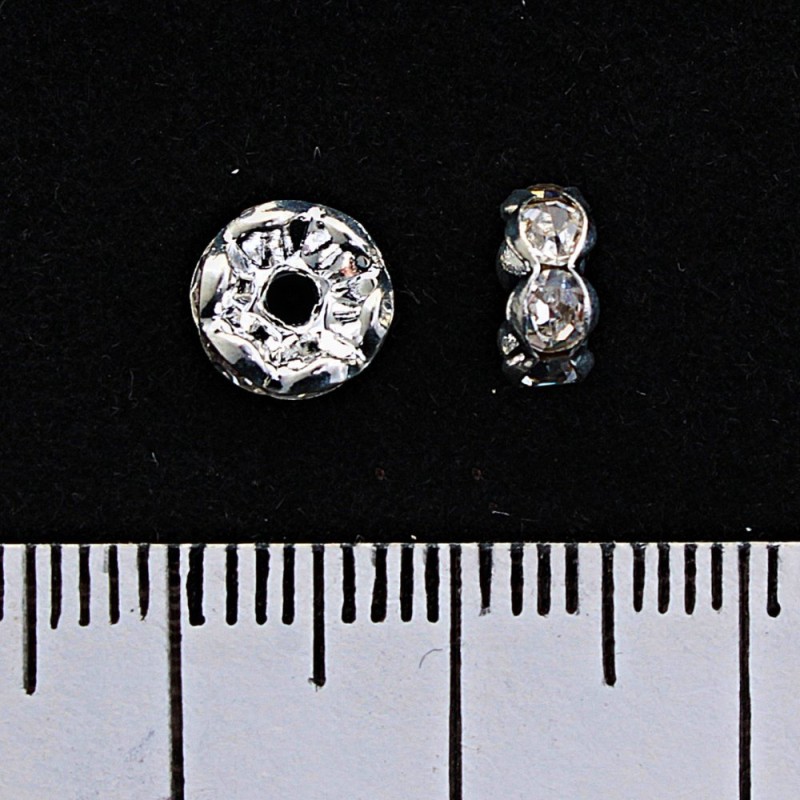 Findings Rondelle Spacer with White Rhinestones, Metal Color Silver, 7mm, 100pcs/pack