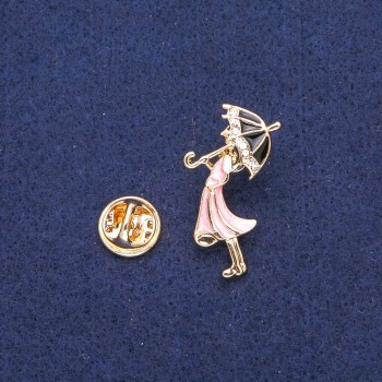 Lady with Umbrella Brooch, White Rhinestones, Pink and Black Enamel, Gold-Tone Metal, 18x32mm