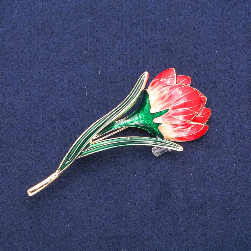Flower Brooch Pendant, Red and Green Enamel, Gold-Tone Metal, 30x70mm