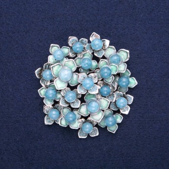 Brooch Flowers with Aquamarine, blue enamel, silver-tone metal 60x62mm