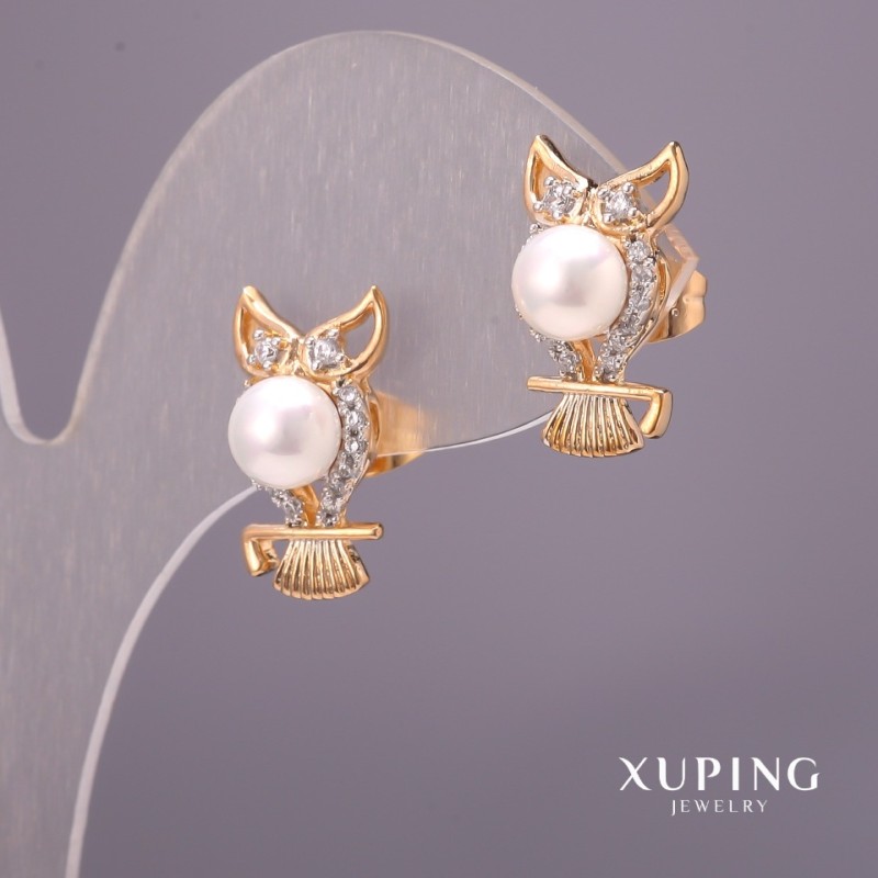 Xuping "Owl" Earrings with Majorica Pearls and White Stones 9x17mm, 18K Gold Plated