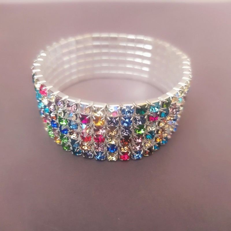 Six-Row Stretch Bracelet with Multicolor Rhinestones, Summer Style, 17cm Circumference
