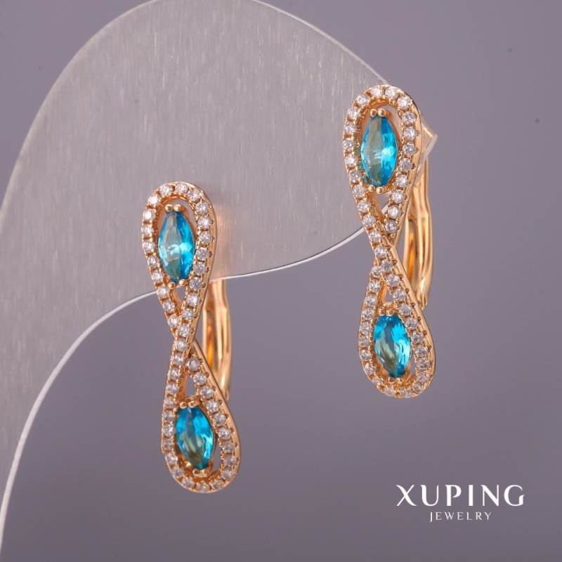 Xuping Earrings with White Rhinestones and Light Blue Stones 6x25mm, 18K Gold Plated