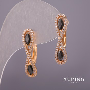 Xuping Earrings with White Rhinestones and Black Stones 6x25mm, 18K Gold Plated