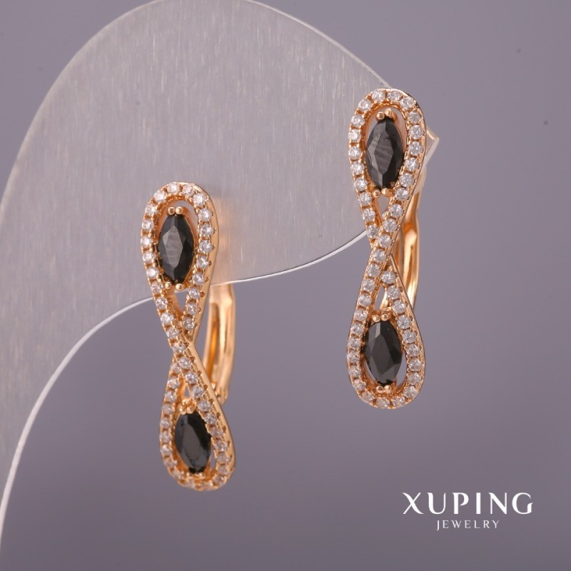 Xuping Earrings with White Rhinestones and Black Stones 6x25mm, 18K Gold Plated