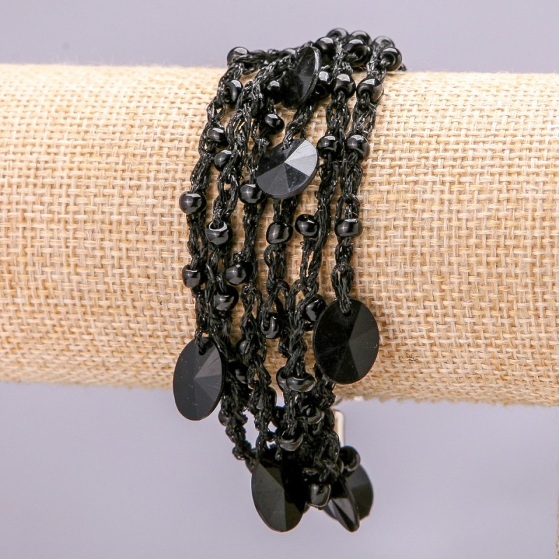 Bracelet with Metal Lobster Clasp on Chain, Macrame Cord, Black Faceted Round Stones