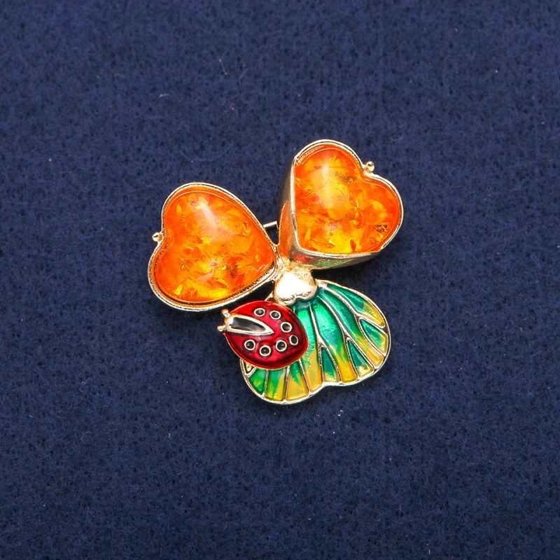 Brooch Pendant Ladybug with Amber (Imitation) Cabochons, Enamel, Gold-Tone Metal 35x37mm