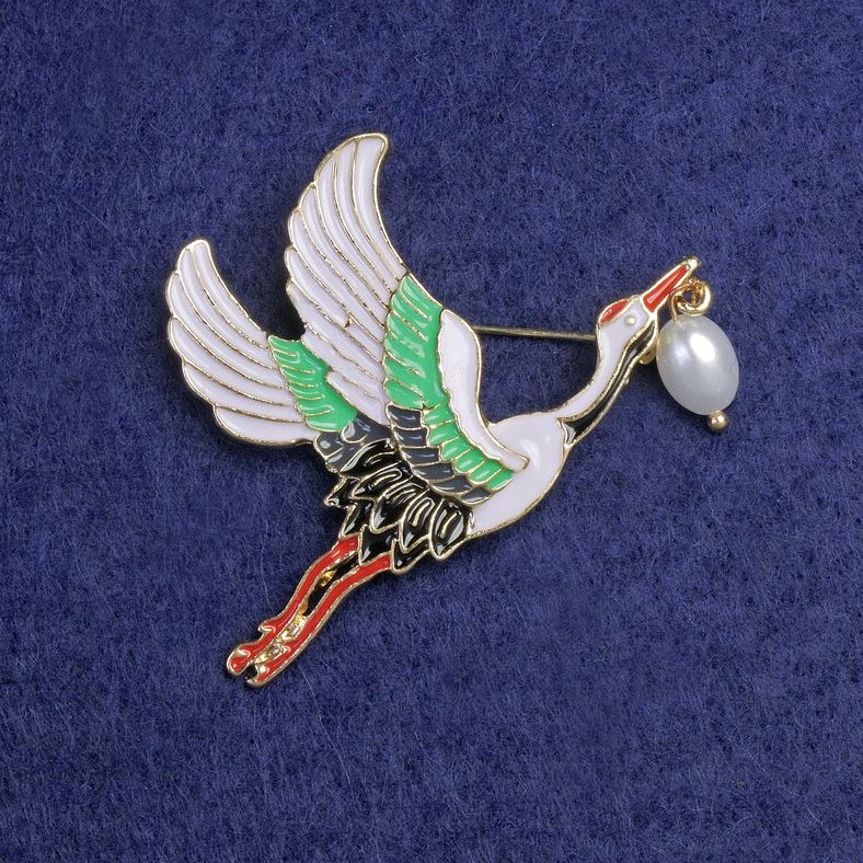Stork Brooch, Enamel, 50x33mm, Gold Metal