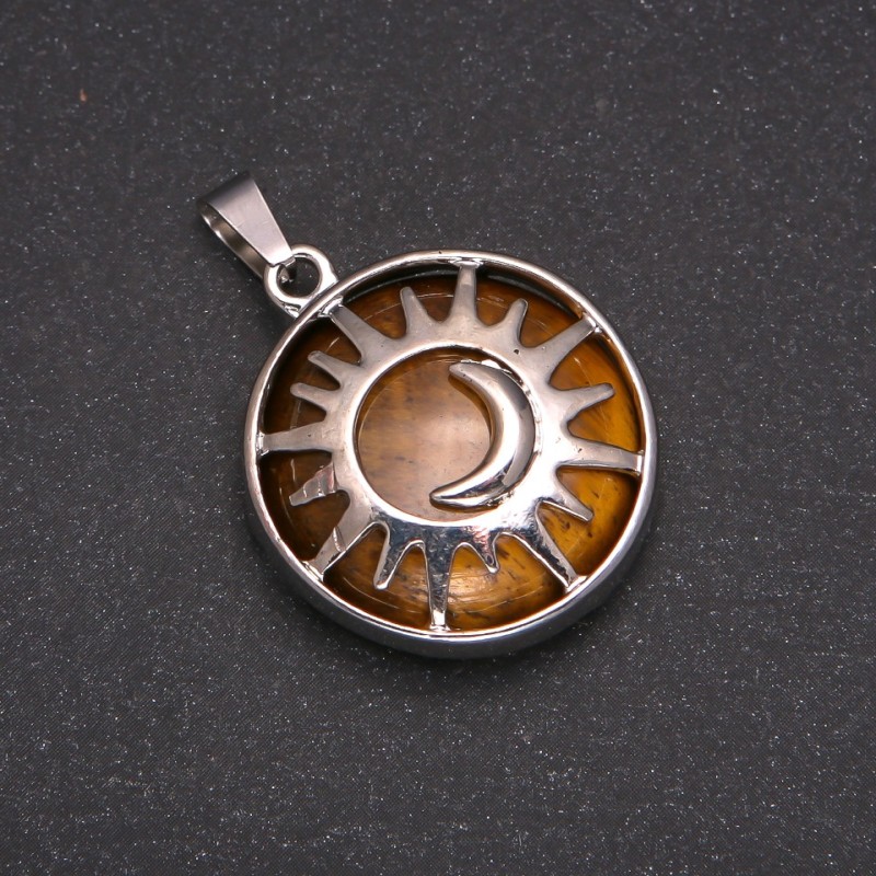 Pendant made of Tiger's Eye in Sun frame, 27mm diameter