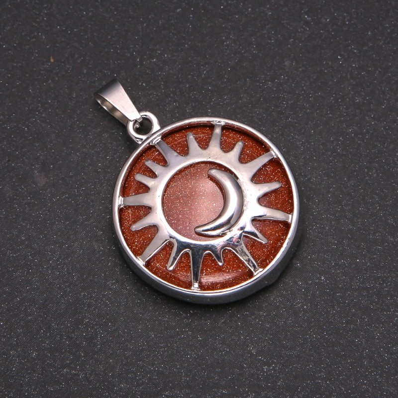 Natural Stone Aventurine Golden Sand Pendant in a "Sun" Setting, 27mm diameter