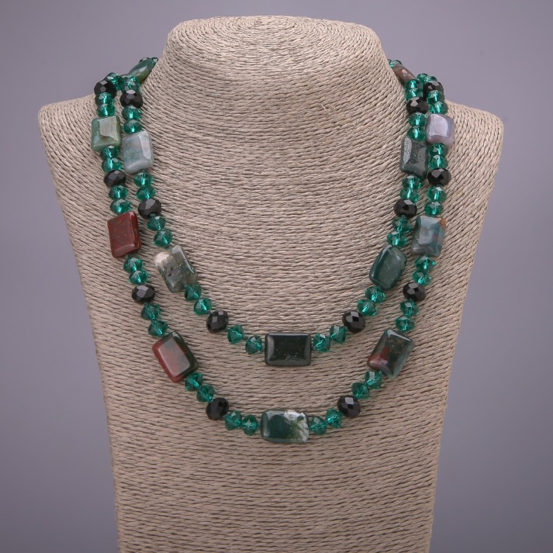 Clearance Long Necklace "Orion Constellation" Natural Jasper Stone, "Czech Crystal", Length 120cm