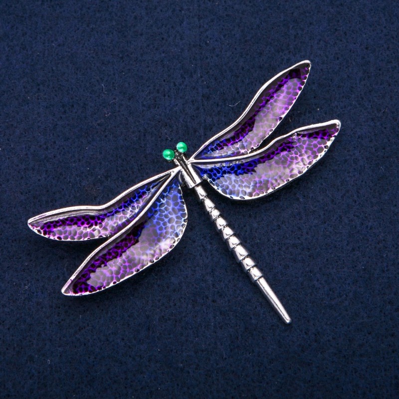 Dragonfly Brooch Purple Enamel, Silver-Tone Metal 47x76mm
