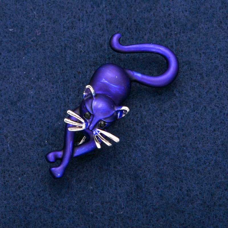 Cat Brooch, Blue Enamel, Silver-Tone Metal, 25x55mm