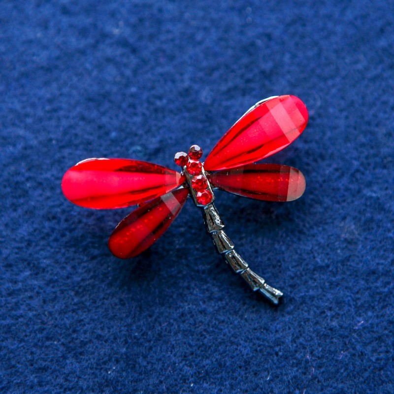 Dragonfly Brooch with Crystals, Silver-Tone Metal 32x43mm