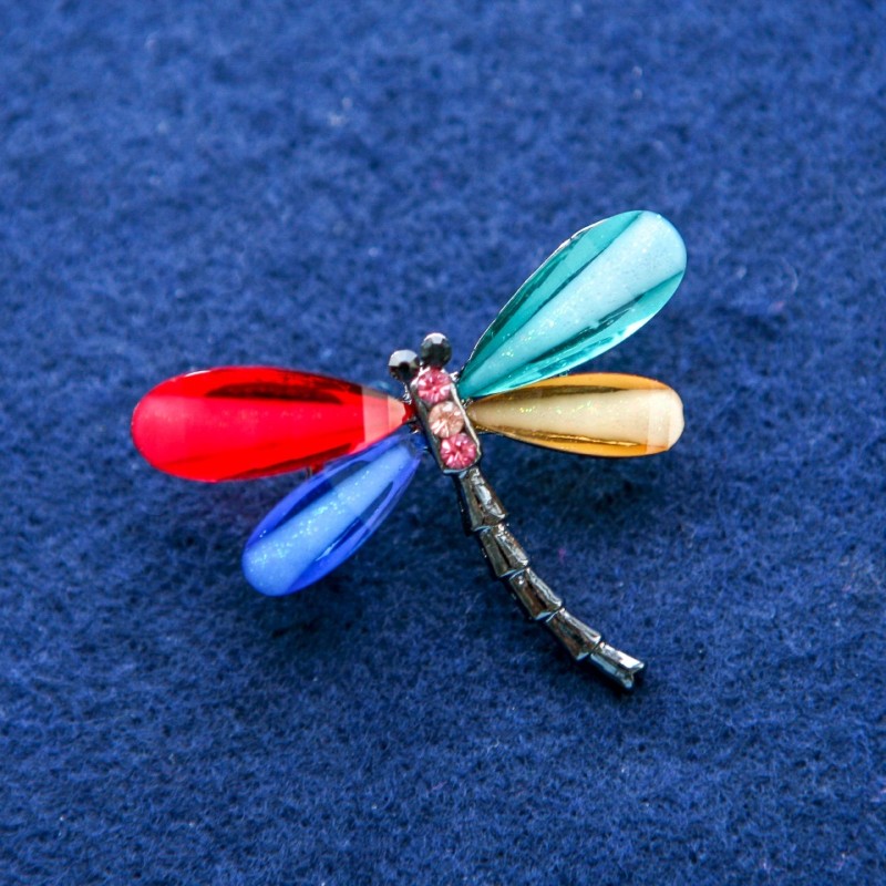 Dragonfly Brooch with Crystals, Silver-Tone Metal 32x43mm