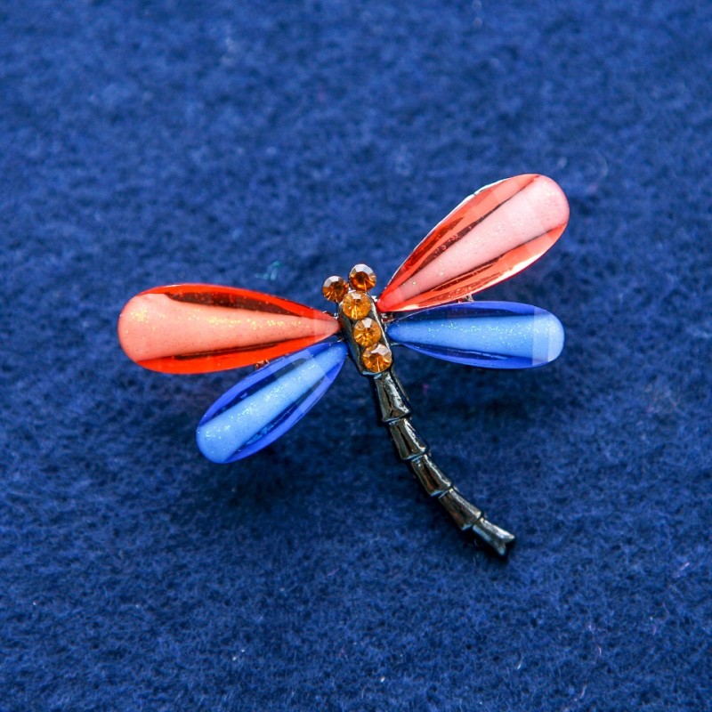 Dragonfly Brooch with Crystals, Silver-Tone Metal 32x43mm