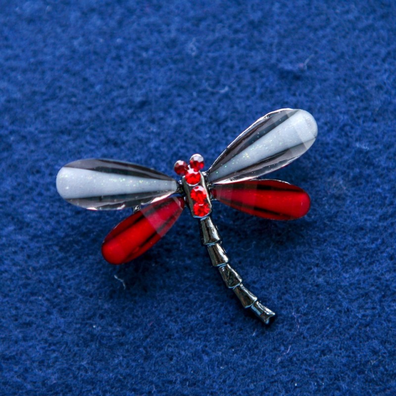 Dragonfly Brooch with Crystals, Silver-Tone Metal 32x43mm