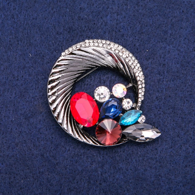Sale! Round Halo Brooch with Rhinestones Forming a Beautiful Composition, Dark Metal 45x50mm