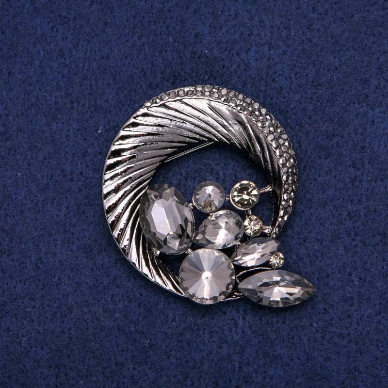 Sale! Round Halo Brooch with Rhinestones Forming a Beautiful Composition, Dark Metal 45x50mm