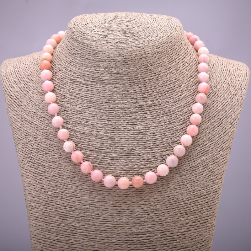 Pink Opal Natural Stone Necklace, smooth round beads, diameter 8(+/-)mm, length 45cm