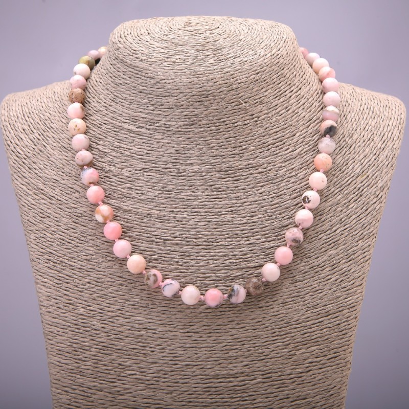 Pink Opal Natural Stone Necklace, smooth round beads, diameter 8(+/-)mm, length 45cm