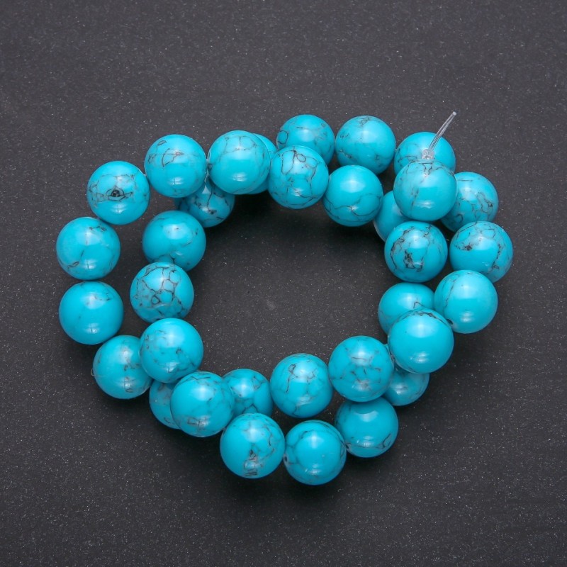 Turquoise Beads, smooth round ball, diameter 12 mm (+/-), on thread, length 38 cm (+/-)