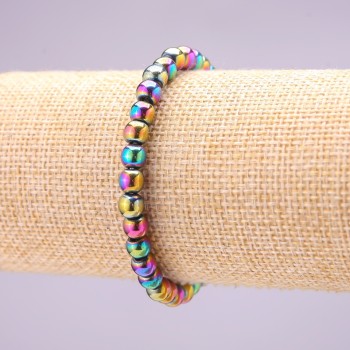 Hematite Bracelet with Gasoline-Tone Coating, Smooth Round Beads on Elastic, Diameter 6mm, Length 18cm