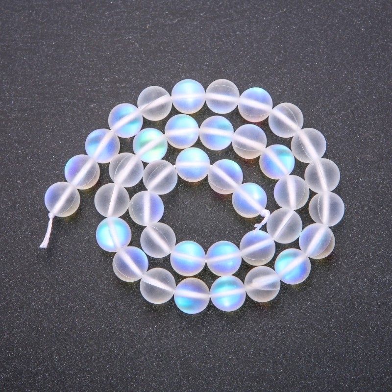 Opal Glass Beads, White Matte, on Thread, Diameter 10 (+/-) mm, Length 38cm
