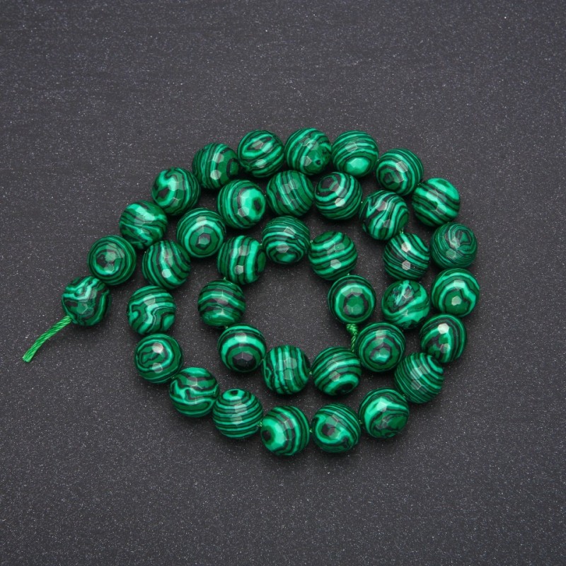 Malachite Beads (pressed) Faceted Round, diameter 10 (+ -) mm, length 38cm