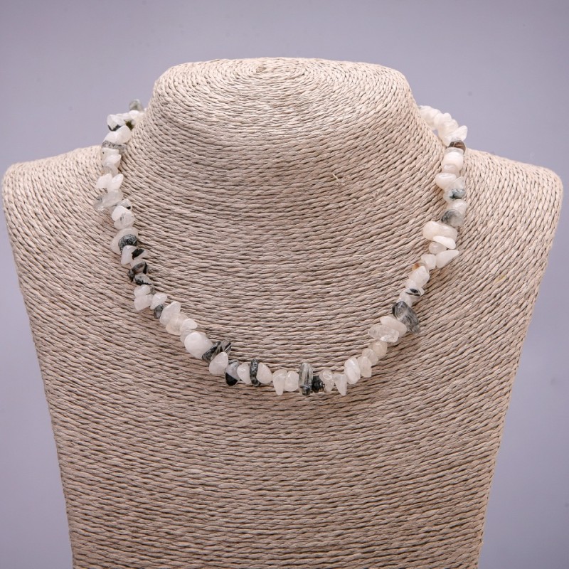 Necklace, natural stone, rutilated quartz chips, diameter 7(+-)mm, length 45-50cm with extension chain