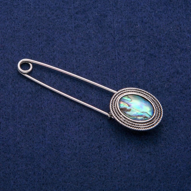 Abalone Cabochon Pin Brooch, 21x78mm, silver-tone metal