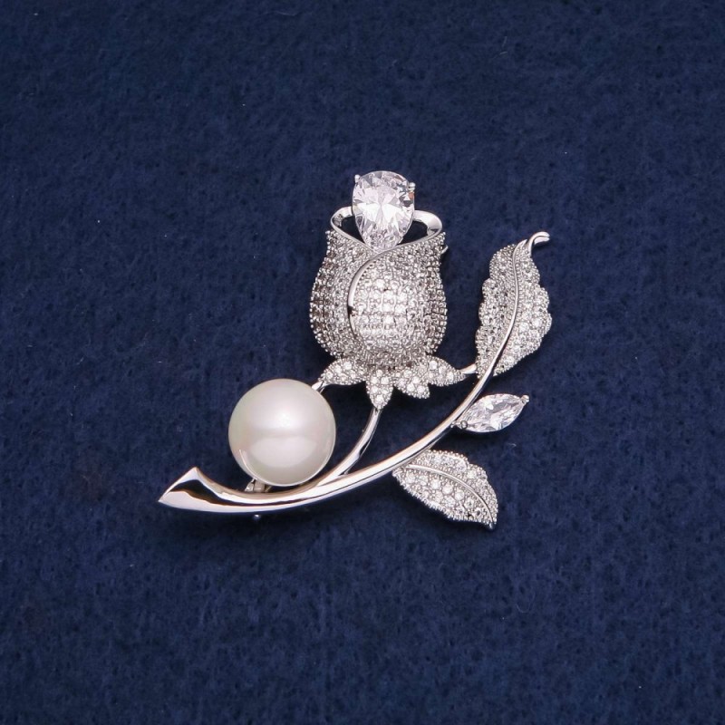 Sale! Rose Brooch with White Crystals and Pearl Bead, 47x36mm, silver-tone metal