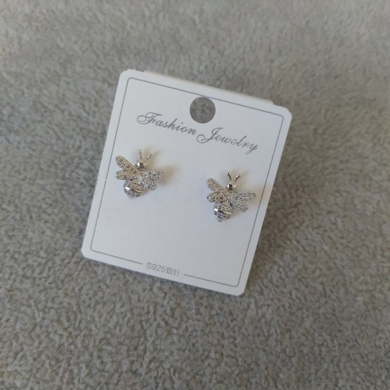 Bee Stud Earrings with White Stones 12mm, 925 Series, Silver Metal Color