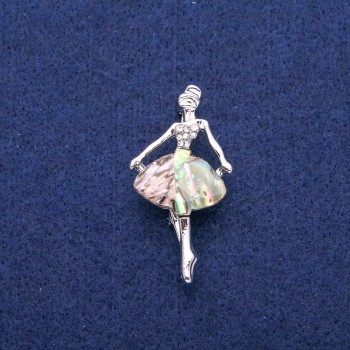 Sale! Ballerina Brooch with Abalone Mother-of-Pearl and Rhinestones 23x44mm, Silver-Tone Metal